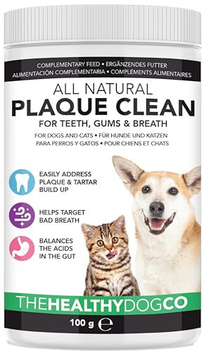 Polvo para el Mal Aliento y Placa para Perros, Cachorros y Gatos | 100% Natural para Animales | Plaque Clean | 100g | Limpia y Cuida Dientes Blancos y Encías | Ayuda Contra el Mal Aliento