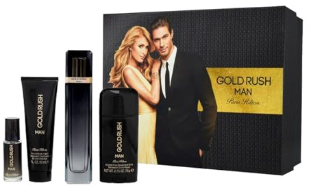 Paris Hilton Gold Rush Man For Men Geschenk-Set, 4 Stück, 3,4 oz EDT Spray, 0,5 oz EDT Spray, 3,0 oz Hair Body Wash, 2,75 oz Alcohol Free Deodorant Stick