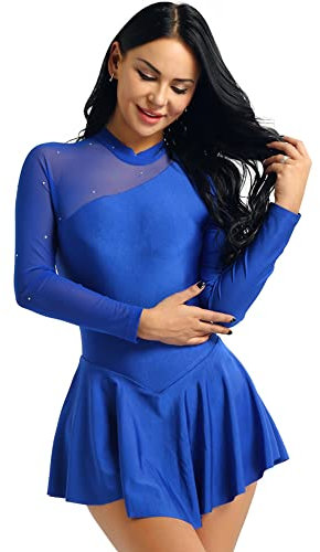 iEFiEL Damen Langarm Ballettkleid Eiskunstlauf Kleid mit Glitzer Kristallen Ballettkleidung Gymnastik Leotard Turnanzug Tanzkostüm Blau M