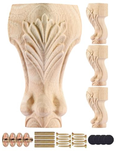 La Vane Lot de 4 pieds de meubles en bois massif sculpté de style européen - Décoration brute pour canapé, armoire, table, causeuse - 20 cm