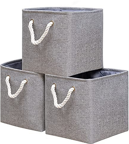 Yawinhe 3 Stück Aufbewahrungsbox, Aufbewahrungskorb mit Griff, Stoffwürfel Regalkörbe, Würfel körbe für regal, für Schrank,Regal, Kleidung, 28x28x28cm,Grau, SNK004GS