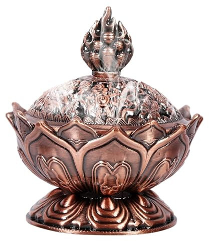 HERCHR Cuenco Quemador de Incienso Lotus, Soporte de Incienso de reflujo de aleación de Zinc Vintage, Quemador de Polvo de Incienso para Cono de Polvo e Incienso de Bobina (Bronce Rojo)