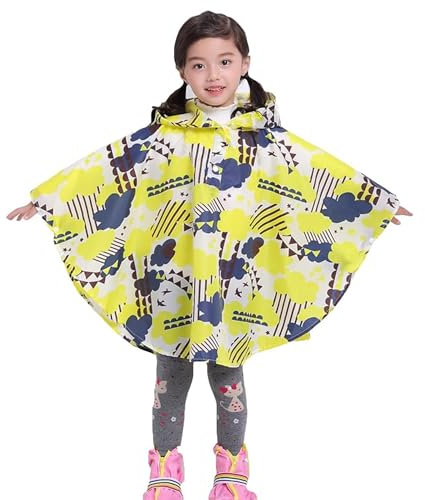 Gaga city Poncho de Lluvia Niña, Unisex Impermeable Niños con Capucha Abrigos Bebe Niña Nubes amarillas/XL