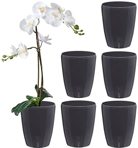 Santino 6er-Set Selbstbewässernder Topf mit Dochtsystem und Wasserstandsanzeige für den Innenbereich, Orchideentopf D 12cm (Anthracite, 1,3L)