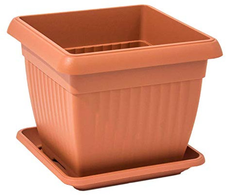 Pot de fleurs carré avec soucoupe - Structure en terre cuite - Marron - 37 x 37 x 30 cm