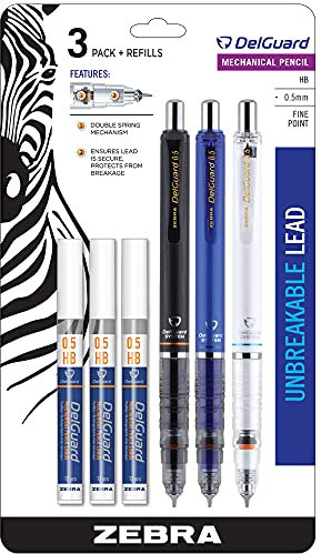 Zebra Pen DelGuard Druckbleistift, feine Spitze, 0,5 mm, schwarz/blau/weiß, Schaft, Minenminen, nachfüllbar, 3 Stück (58603)