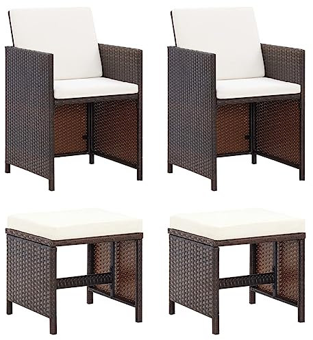 vidaXL Gartenstuhl Hocker Set 4-TLG. Sitzhocker Fußhocker Gartenhocker Gartensessel Essstuhl Stuhl Sessel Gartenmöbel Poly Rattan Braun