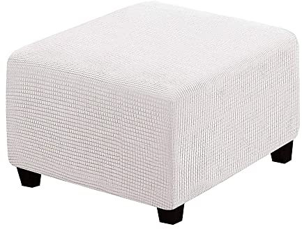 Highdi Jacquard Ottomane Schonbezug Hockerbezug, Hocker Hussen für Quadratische Fußhocker, Stretch Bezug Ottomane Abdeckung Überzug Hocker Protector Waschbar Hockerabdeckung (M,Weiß)