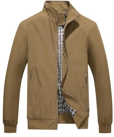 KUDORO Herren leichte Jacke für Frühling Sommer Reißverschluss Outdoor Jacke Casual Bomber Einfarbige Winddichte Jacke Halskette Mann Jacke Aviator Thin Classic Casual(Kaki,XXL)