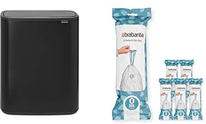 Brabantia Bo Touch Bin - 2 x 30 Litre Inner Buckets (Matt Black) Waste/Recycling Kitchen Bin + O Liners Multipack Box (120 rolls)