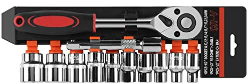 LONENESSL Metric 1/2'' Drive Socket Set, 12pcs Ratchet Wrench Tool Set, 10pcs 10-24mm Metric Driver with 5'' Extension Bar and 1/2'' Quick Release Ratchet Wrench(Plastic Frame)