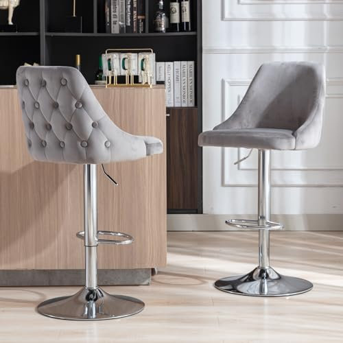 chairus Set di 2 Sgabelli da Bar Cucina Sgabelli in Velluto Sgabello Alto Girevolio Altezza Regolabile Sgabello da Bancone Per Cucina, Grigio