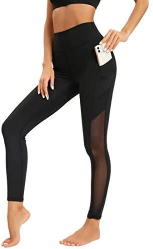 Dmwhsy Damen Mesh-Workout-Leggings mit Seitentaschen, Bauchkontrolle, Workout-Lauf-Leggings, hohe Taille, Yoga-Hose