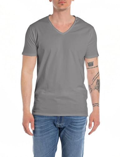 Replay Camiseta de hombre de manga corta con cuello de pico, gris (Titanium 622), XL