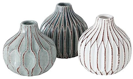 Vase im 3er Set im Shabby Chic Look aus Keramik Blumenvase Tischdekoration für Blumen und Trockenblumen Dekoratives Design - Weiß