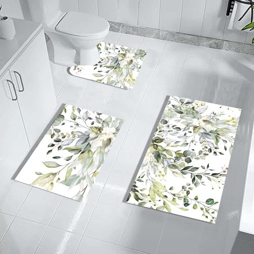 MUGINYU Badezimmerteppich-Set mit grünen Blättern, 3-teilig, Frühlingsblumen, Boho, schnell trocknend, Eukalyptus-Pflanze, minimalistisch, dünn, Gummi, Kieselgur, saugfähig, rutschfeste Teppiche