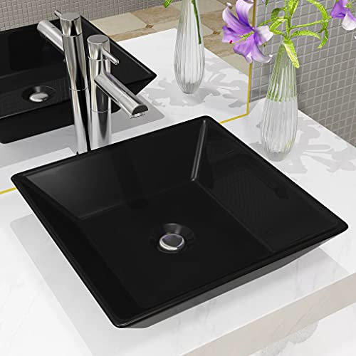 Homgoday Waschbecken Keramik Eckig Schwarz 41,5x41,5x12 cm, Aufsatzwaschbecken Waschbecken, Gefäßspüle für WC Waschtischunterschrank, Waschbecken für kleine Garderobe Badezimmer