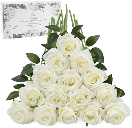 Tifuly White Fake Roses Artificial Flowers - 16 Pcs Fake Artificial White Roses Silk Flowers with Stems for Home Wedding Hotel Office Centerpiece Decor