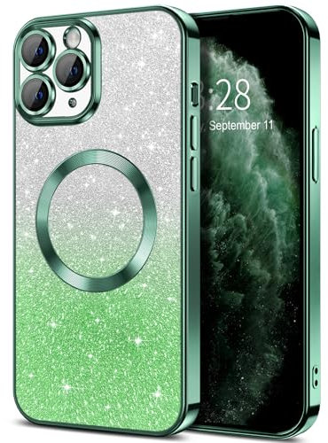 Hython for iPhone 11 Pro Case Clear Magnetic Glitter Phone Cases [Compatible with MagSafe] Full Camera Lens Protector Slim Gradient Sparkle Luxury Plating Shockproof Protective Cover Women, Green