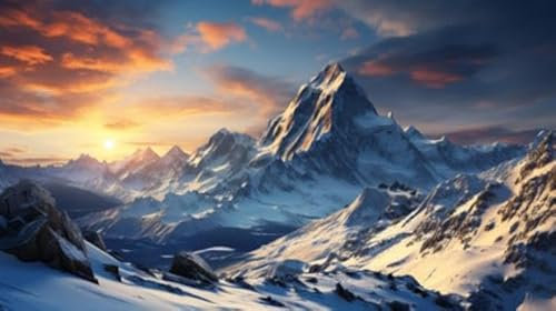 adrium Holz-Bild 140 x 80 cm: die Erhabenheit schneebedeckter Berggipfel, beleuchtet von den sanften Farbtönen eines strahlenden Sonnenaufgangs. Diese (212125995)