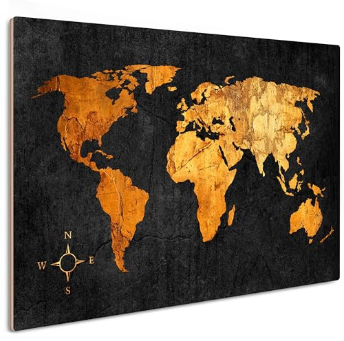 HEALANCY Bilder Weltkarte - PREMIUM QUALITÄT 100% HOLZ - KOMPLETT AUFHÄNGFERTIG - Wandbilder Wohnzimmer - Modern Wanddeko - Schlafzimmer Kunstdruck - Landkarte Schwarz