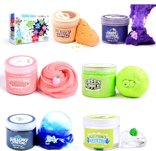 ToysButty Slime Kit for Girls Boys, 6 Different Scented Non Sticky Premade Slimes in 28 oz Container with Fruit Charms, Fluffy Glitter Butter Clear Crystal Slime Putty Kits, Gift for Kids Party Favor