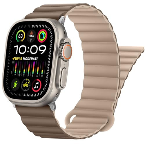 HITZEE Compatible con Cinturino Apple Watch 49/46/45/44/42/41/40/38mm, Cinturini Magnetico Indossabile Due Lati Compatibile per iWatch Ultra 2 Serie 10 9 8 7 SE 6 5 4 (42/44/45/46/49, Marrone Cachi)