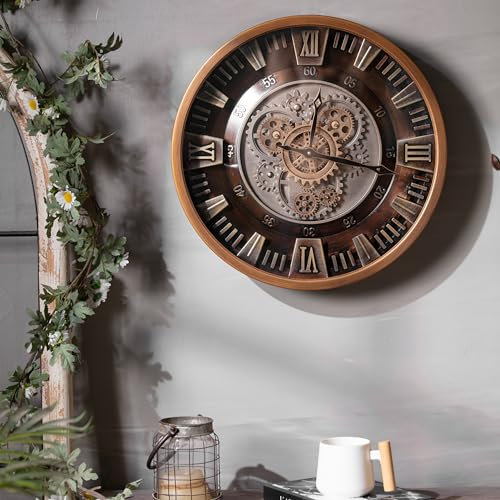 K&L Wall Art 46cm große Zahnrad Wanduhr industrielle Wohnzimmeruhr Vintage Metalluhr XXL bewegliche Zahnräder (Römische Ziffern, antike Rost- Kupferoptik)