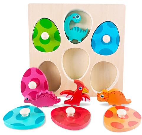 Holzpuzzle ab 1 Jahr, Baby Montessori Holzspielzeug Dino Eier für 1 2 3 Jahre Mädchen und Jungen, Kinder Greifpuzzle, Sortierspiel, Motorikspielzeug, Geburztag Weihnacht Ostern Geschenk
