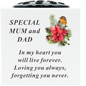 Mum & Dad White Plastic Robin Memorial Rose Bowl Flower Vase Grave Plaque Tribute Ornament