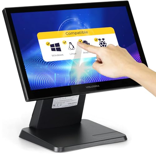 Volcora Monitor de pantalla táctil LED negro de 15.6 pulgadas con soporte de metal, retroiluminado 1366 x 768 con conexión VGA HDMI para pequeñas empresas, restaurantes, oficinas, no requiere