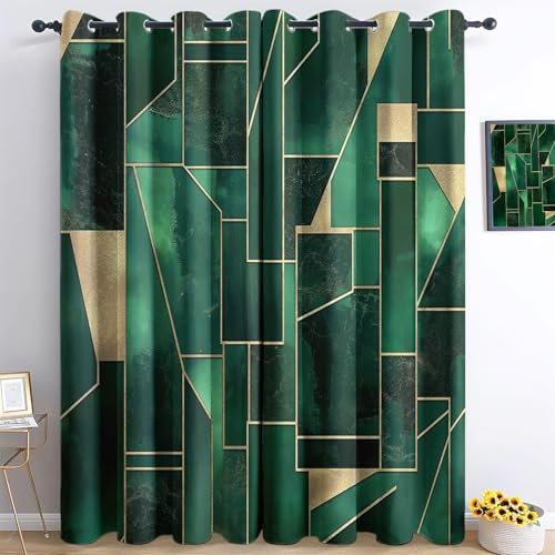 Vert Rideau Occultant à Oeillets, Rayures Géométriques Vertes Rideau Isolant Thermique Anti Bruit, Protection de la Vie Privée Décoration Rideau pour Chambre à Coucher & Salon 140x160 cm