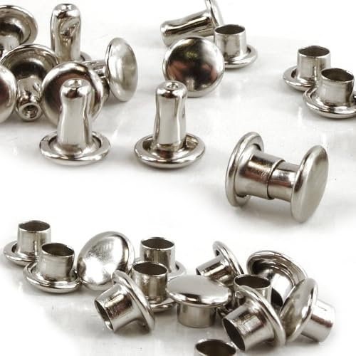 25 Stück Hohlnieten 6mm Stiftlänge, Silber, Doppelholnieten, Nieten mit Doppelkappe Ober- Unterteil mit geschlossener Kappe, DIY Leder Gürtel Nieten, Gürtelnieten Taschennieten Ziernieten