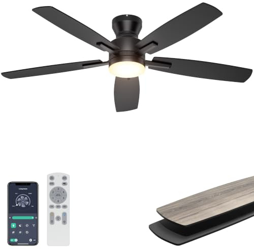 Ohniyou Ceiling Fans with Lights, 52'' Low Profile Ceiling Fan with Light and Remote/APP Control, Modern Flush Mount Ceiling Fan for Indoor Bedroom Living Room, Dimmable, Qiuet DC Motor, Black