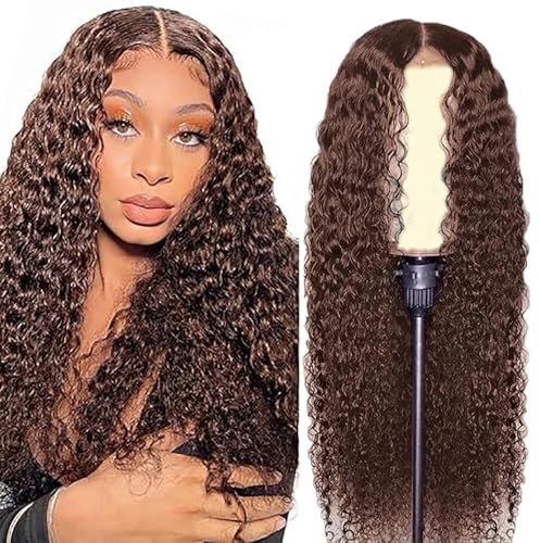 Hxxcoup Human Hair Wig Curly Wave Echthaar Perücke für Damen Perücken 5X5 Lace Front #4 Chocolate Real Hair 100% Unprocessed Brazilian Virgin Hair Glueless Wear and Go for Woman 14 Zoll