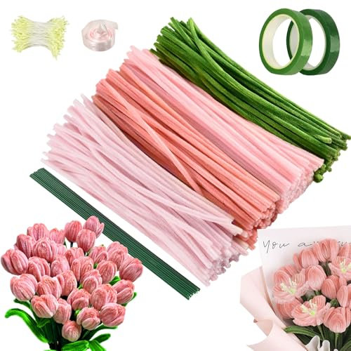 Sealong Pfeifenreiniger Blumen Set, 400 Stück Pfeifenreiniger zum Basteln, Pfeifenputzer zum Basteln mit 20 Stück Grün Basteldraht, 360 Stück Blütenmitte, 2 Floristenkrepp, Blumenpapier, Blumenband