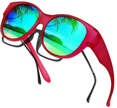 LVIOE Fitover Lunettes de soleil polarisées pour femme, monture ronde tendance, protection UV, A16 rouge/vert miroir