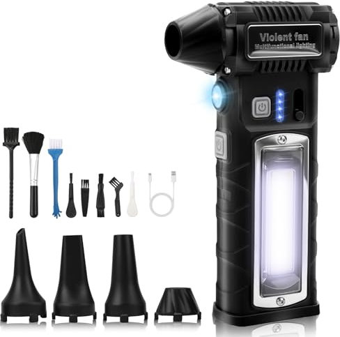 Akku-Gebläse 120.000 U/min Auto Reinigung Staubgebläse mit Gurtschneider, 8000mAh, 2X LED Licht & Stufenloser Regelung Turbo Fan - Für Auto, PC, Camping - Inkl. 4 Düsen + 8 Bürsten