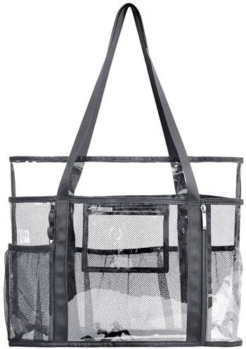 TINYAT Große transparente Tragetasche für Damen, transparent, Netzstoff, Strandtasche, Schultertasche mit wasserdichter Reißverschlusstasche, durchsichtige Schwimmtasche für den Urlaub