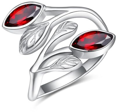 Geburtssteinring Rubinringe für Damen 925 Sterling Silber verstellbarer Blattring Ring für Frauen Mädchen Versprechen für sie Finger Leaf Ringe Weihnachten Geschenk