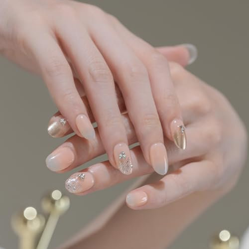 Sun&Beam Nails Handmade Press-on Short Round Orange Rhinestone Ombre Hand-Painted Design Fashion False Nail Tips 10 Pcs Set (#234 M)