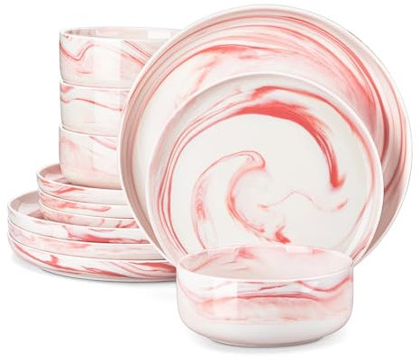 MKLHAVB 24-Piece Marble Porcelain Dinnerware Set with 8 Pcs Dinner/Dessert Plates(Pink Marble)