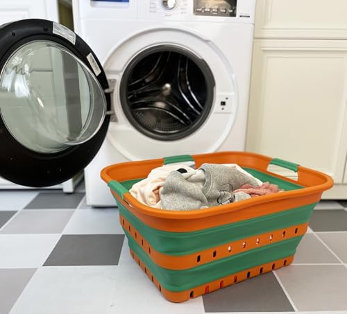 SAMMART 42L Faltbarer Wäschekorb aus Kunststoff – Faltbarer Pop-Up-Aufbewahrungsbehälter/Organizer – tragbarer Wäschekorb – platzsparender (1, Autumn Leaf/Forest Green)