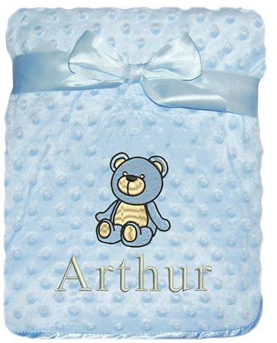 JJLC Personalised Baby Bobble Blanket Embroidered Bear & Name Soft Fleece Wrap (Blue Bobble)