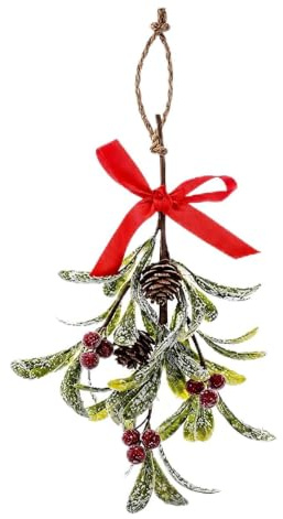 FMPXYYA Décoration Noël Murale gui Artificiel 26 cm avec Feuilles Rouges, Baies, Pommes de pin et Ruban Rouge Ornement Suspendu intérieur extérieur Festif