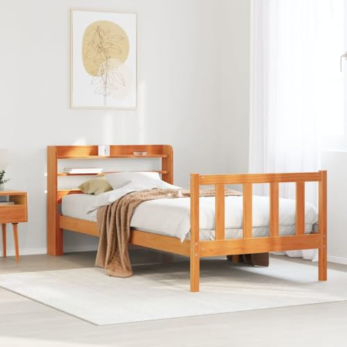 HaoChrymec Bettgestell mit Kopfteil aus Massivholz, Stabil und Langlebig, Mit Ablagen und Komfort, polsterbett, einzelbett, Für Schlafzimmer, Wachsbraun, 100x200 cm