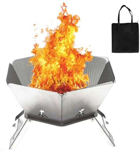 Tragbare Feuerstelle für Außen, Faltbare feuerstelle Outdoor, Edelstahl-Feuerstelle mit Grillgitter und Aufbewahrungstasche, Feuerschale Oktagon für Terrasse, Outdoor-BBQ und Lagerfeuer