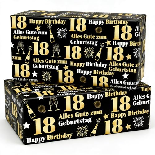 2 Blätter Geschenkpapier Geburtstag Set 18. Geburtstag Wrapping Paper Schwarz Gold 75x51cm mit Doppelklebeband Happy Birthday Geschenkpapier für Erwachsenwerden, Geschenkverpackung