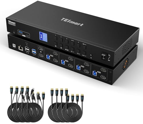 TESmart HDMI KVM Switch 4 Computers 2 Monitors USB 3.0 | 4 Port KVM Dual 4K@60Hz HDMI 2.0, Gigabit Network, EDID, Extended Display, Hotkey & Button Switch with All Input Cables