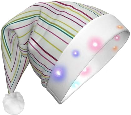 ENGhjes Gestreifte Weihnachtsmütze, beleuchtete Weihnachtsmütze, Samt-Weihnachtsmannmütze mit LED-Lichtern, für Erwachsene